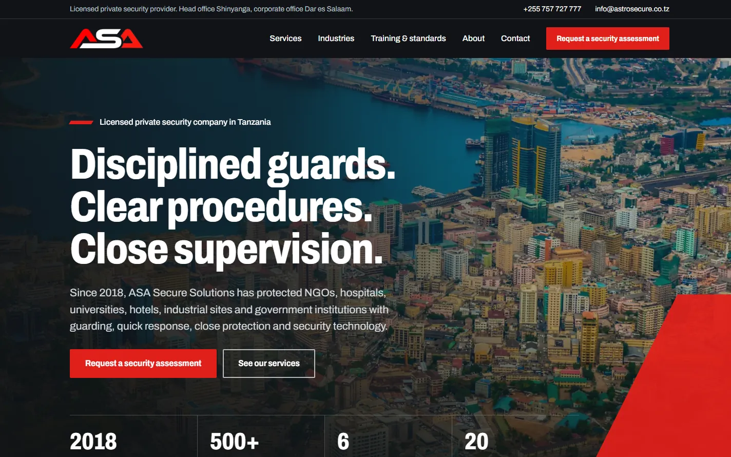 ASA Secure Solutions home page with the headline “Disciplined guards. Clear procedures. Close supervision.” over an aerial photograph of Dar es Salaam.