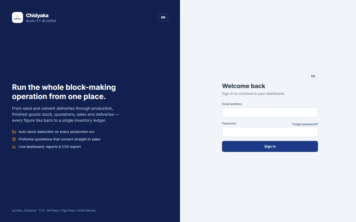 Sign-in screen of the Chidyaka Quality Blocks production management system, with the line “Run the whole block-making operation from one place.”