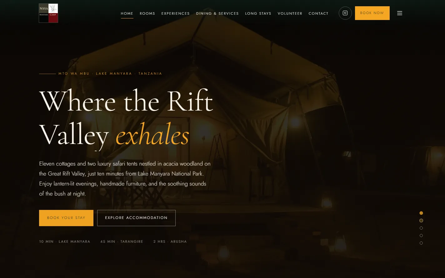 The rebuilt Nsya Lodge & Camp home page: a lantern-lit safari tent at night under the headline “Where the Rift Valley exhales”.